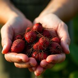 Hands holding freshly harvested madder root