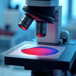 A microscope viewing a slide of pigment particles