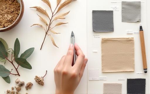 A designer's mood board with fabric swatches and plant samples